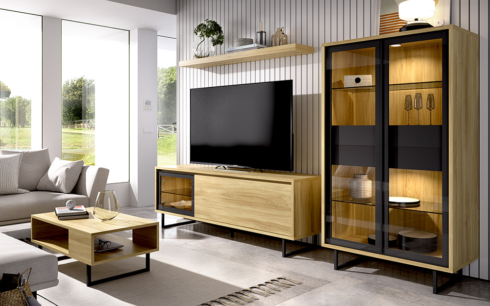 Mueble bajo salon tv puerta abatible y vitrina colgada